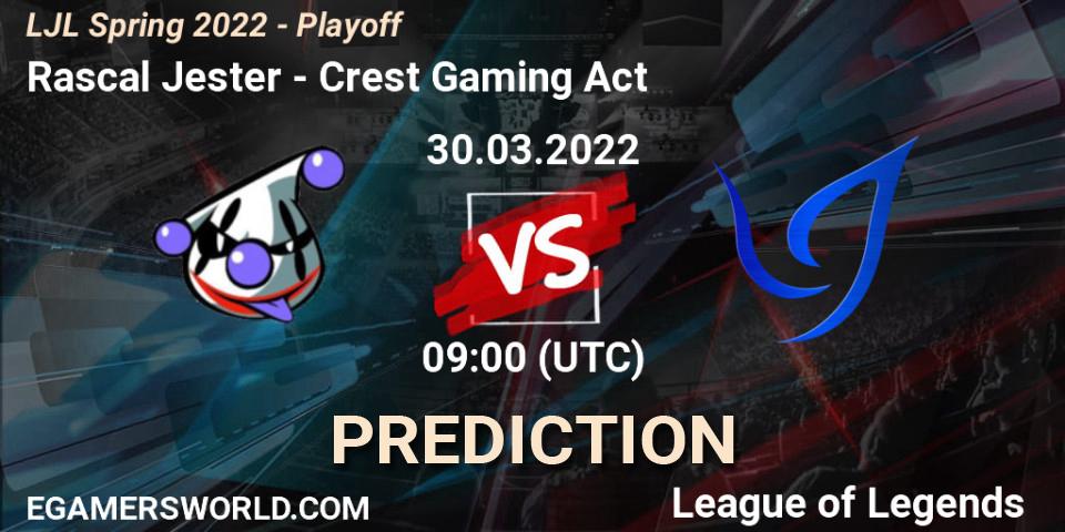 Rascal Jester vs Crest Gaming Act: Match Prediction. 30.03.2022 at 09:00, LoL, LJL Spring 2022 - Playoff 