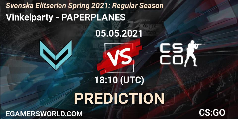 Vinkelparty vs PAPERPLANES: Match Prediction. 06.05.2021 at 18:10, Counter-Strike (CS2), Svenska Elitserien Spring 2021: Regular Season