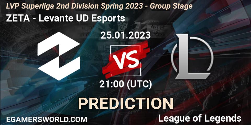 ZETA vs Levante UD Esports: Match Prediction. 25.01.2023 at 21:00, LoL, LVP Superliga 2nd Division Spring 2023 - Group Stage