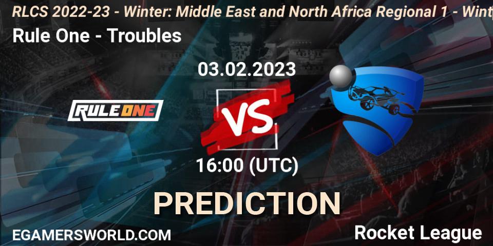 Rule One vs Troubles: Match Prediction. 03.02.2023 at 16:00, Rocket League, RLCS 2022-23 - Winter: Middle East and North Africa Regional 1 - Winter Open