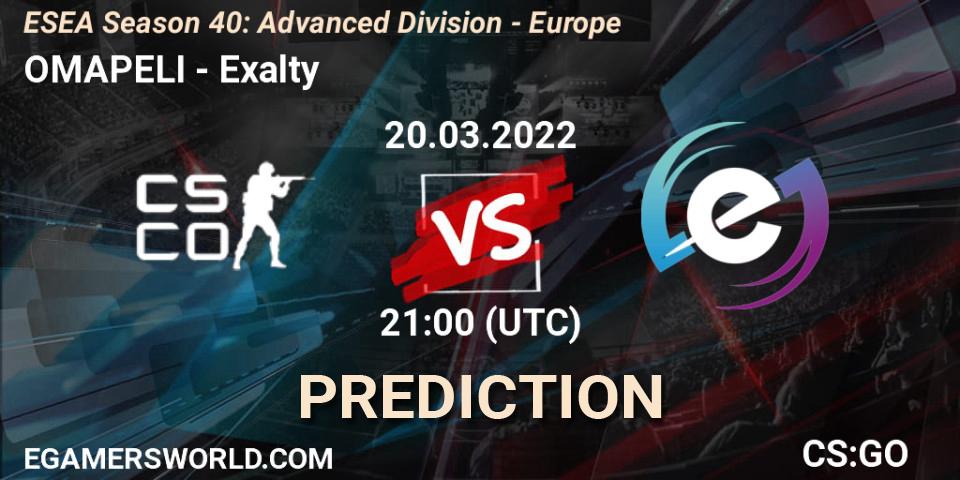 OMAPELI vs Exalty: Match Prediction. 20.03.2022 at 21:00, Counter-Strike (CS2), ESEA Season 40: Advanced Division - Europe