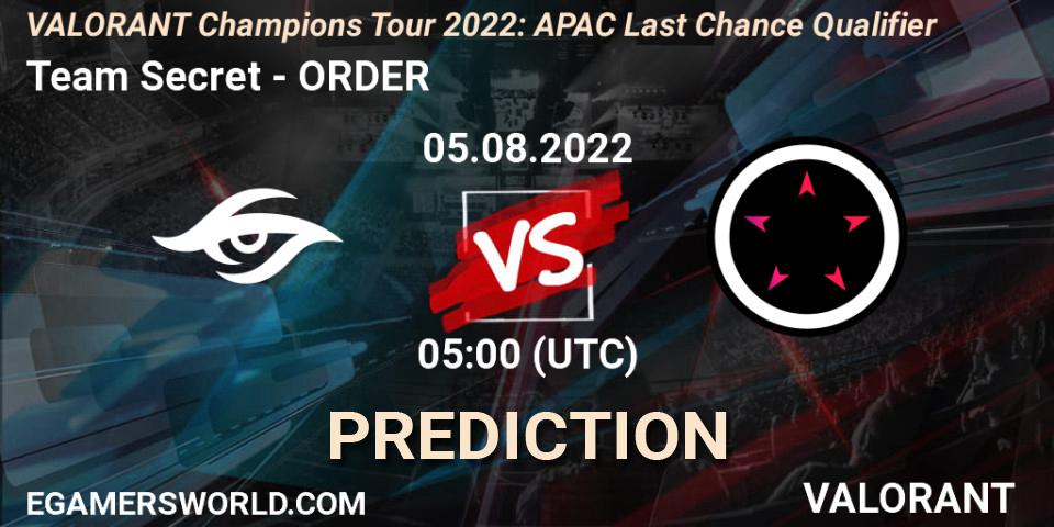 Team Secret vs ORDER: Match Prediction. 05.08.22, VALORANT, VCT 2022: APAC Last Chance Qualifier
