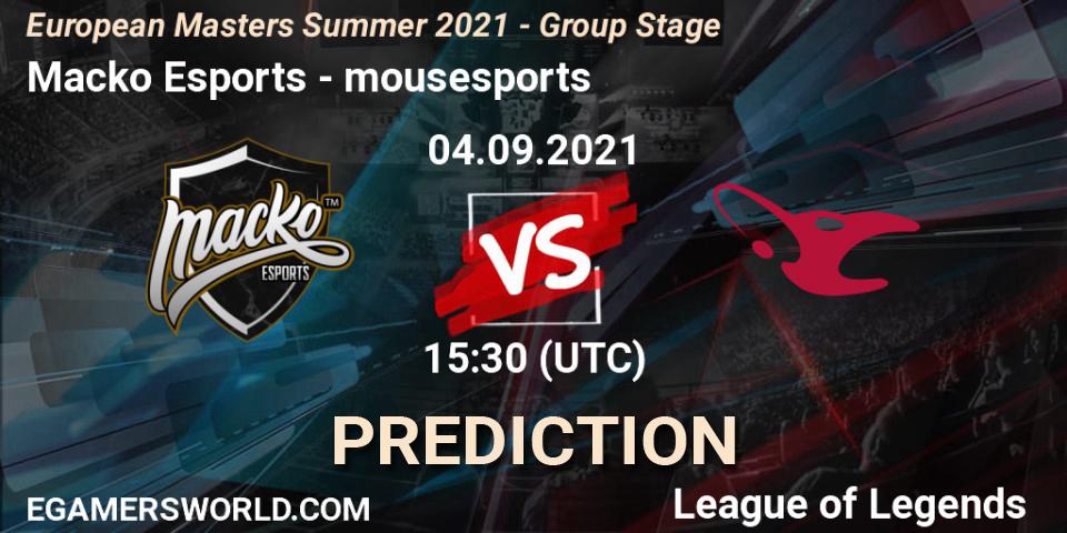 Macko Esports vs mousesports: Match Prediction. 04.09.2021 at 15:30, LoL, European Masters Summer 2021 - Group Stage