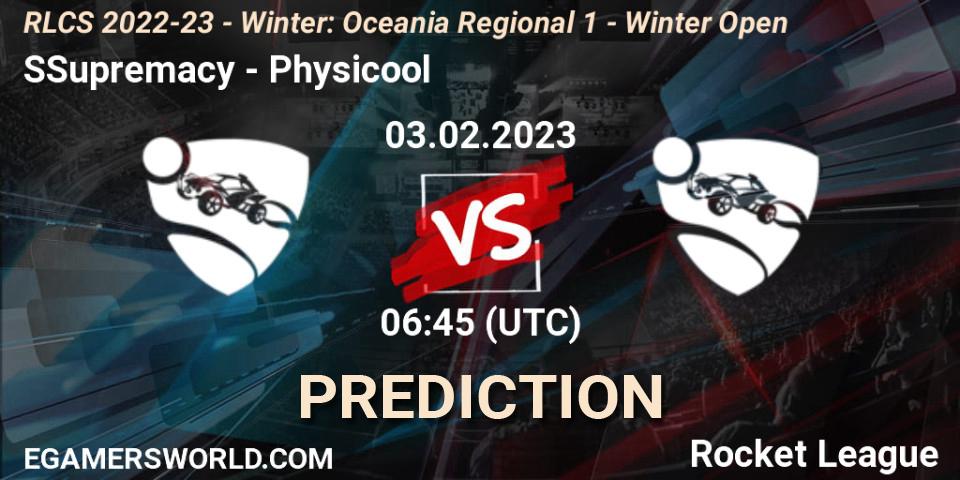 SSupremacy vs Physicool: Match Prediction. 03.02.2023 at 06:45, Rocket League, RLCS 2022-23 - Winter: Oceania Regional 1 - Winter Open