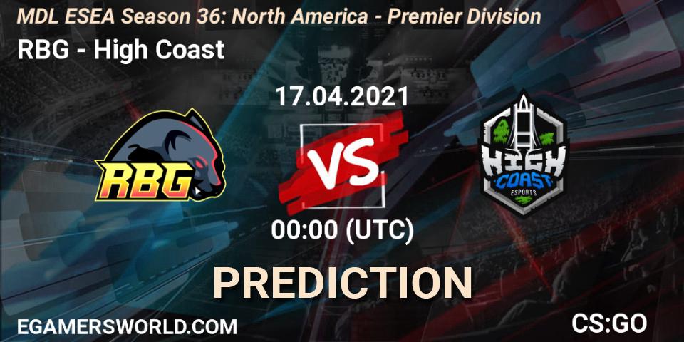 RBG vs High Coast: Match Prediction. 17.04.2021 at 00:00, Counter-Strike (CS2), MDL ESEA Season 36: North America - Premier Division