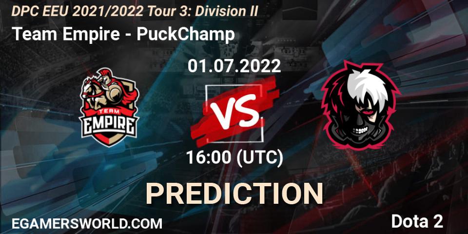 Team Empire vs PuckChamp: Match Prediction. 01.07.2022 at 16:48, Dota 2, DPC EEU 2021/2022 Tour 3: Division II