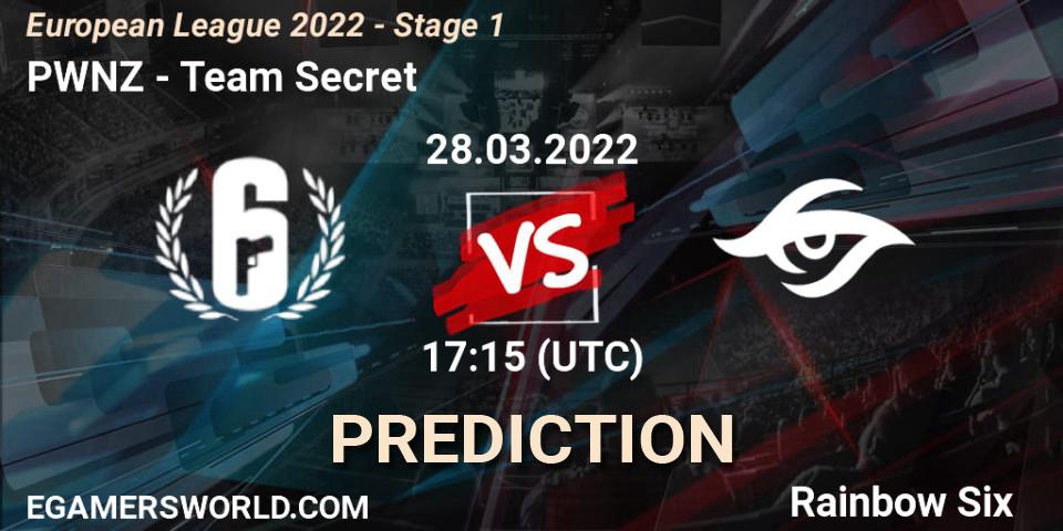 PWNZ vs Team Secret: Match Prediction. 28.03.2022 at 17:15, Rainbow Six, European League 2022 - Stage 1
