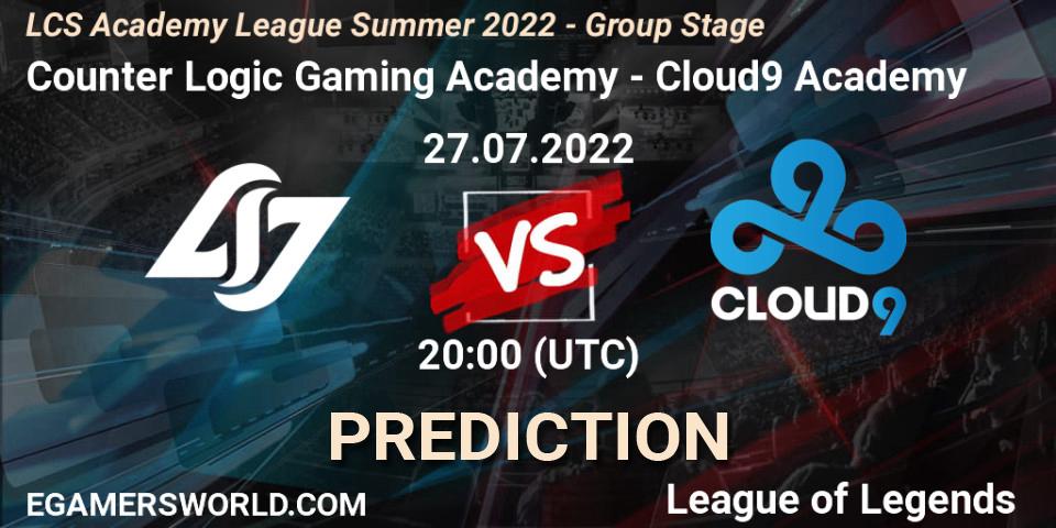 Counter Logic Gaming Academy vs Cloud9 Academy: Match Prediction. 27.07.2022 at 20:00, LoL, LCS Academy League Summer 2022 - Group Stage