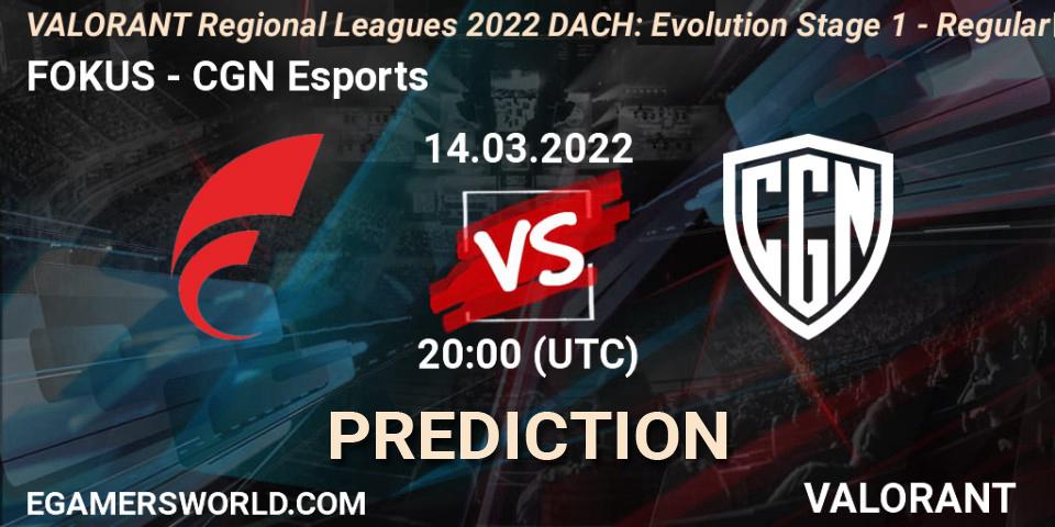 FOKUS vs CGN Esports: Match Prediction. 14.03.2022 at 20:00, VALORANT, VALORANT Regional Leagues 2022 DACH: Evolution Stage 1 - Regular Season