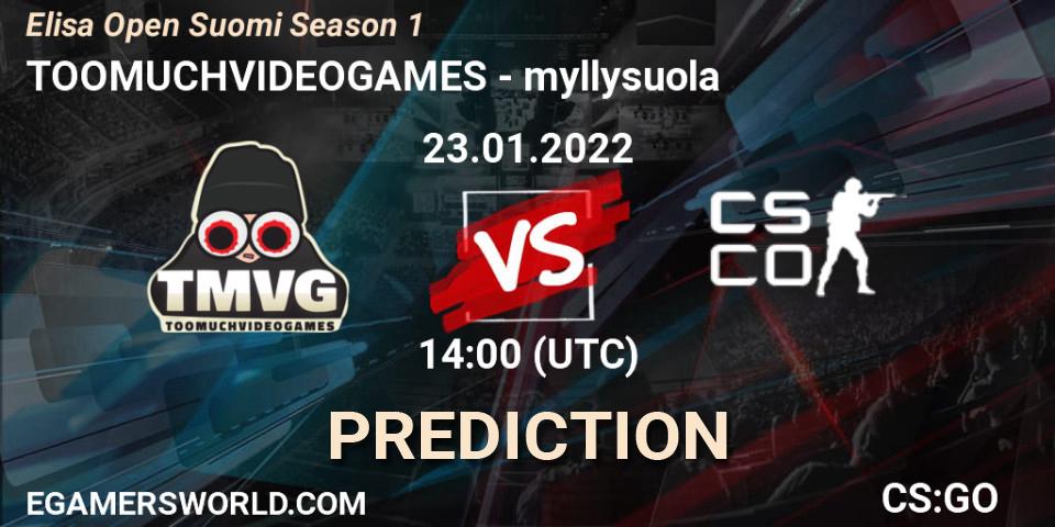 TOOMUCHVIDEOGAMES vs myllysuola: Match Prediction. 23.01.2022 at 14:00, Counter-Strike (CS2), Elisa Open Suomi Season 1