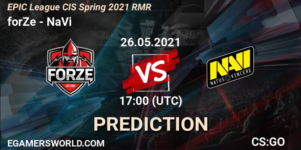 forZe vs NaVi: Match Prediction. 26.05.2021 at 17:20, Counter-Strike (CS2), EPIC League CIS Spring 2021 RMR