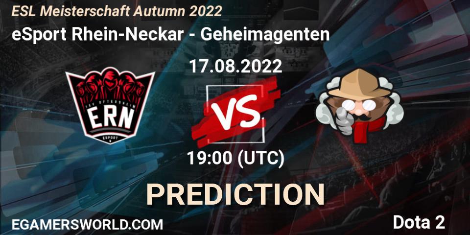 eSport Rhein-Neckar vs Geheimagenten: Match Prediction. 17.08.2022 at 19:14, Dota 2, ESL Meisterschaft Autumn 2022