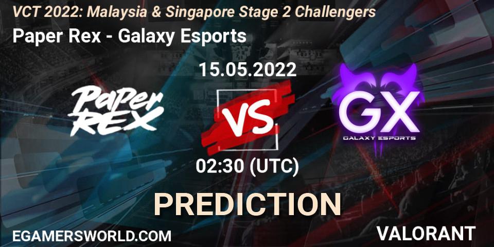 Paper Rex vs Galaxy Esports: Match Prediction. 15.05.2022 at 02:30, VALORANT, VCT 2022: Malaysia & Singapore Stage 2 Challengers