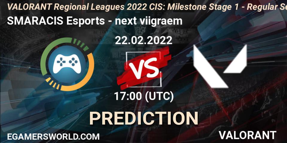 SMARACIS Esports vs next viigraem: Match Prediction. 22.02.2022 at 17:00, VALORANT, VALORANT Regional Leagues 2022 CIS: Milestone Stage 1 - Regular Season