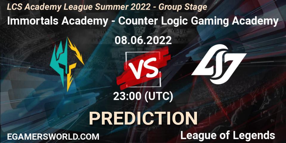Immortals Academy vs Counter Logic Gaming Academy: Match Prediction. 08.06.2022 at 22:15, LoL, LCS Academy League Summer 2022 - Group Stage