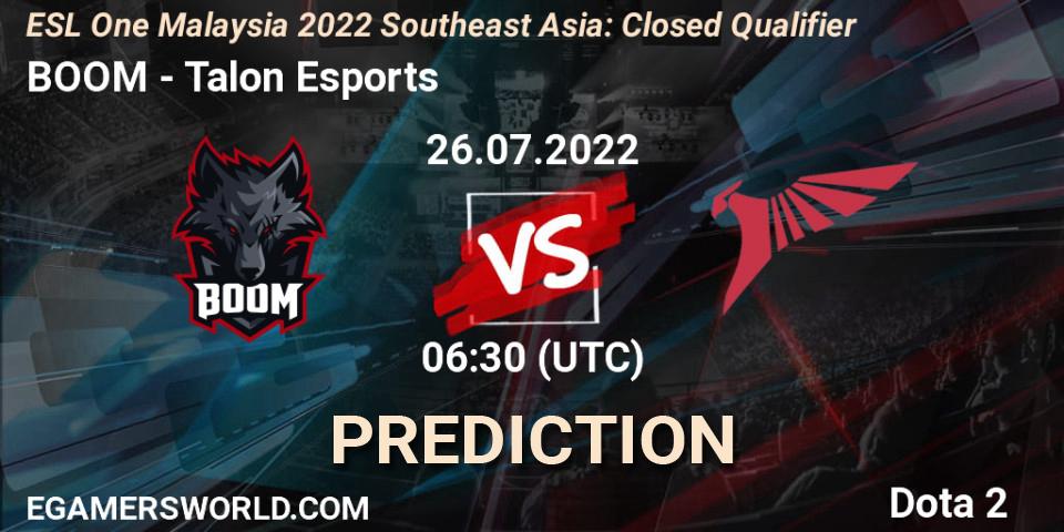 BOOM vs Talon Esports: Match Prediction. 26.07.2022 at 07:05, Dota 2, ESL One Malaysia 2022 Southeast Asia: Closed Qualifier