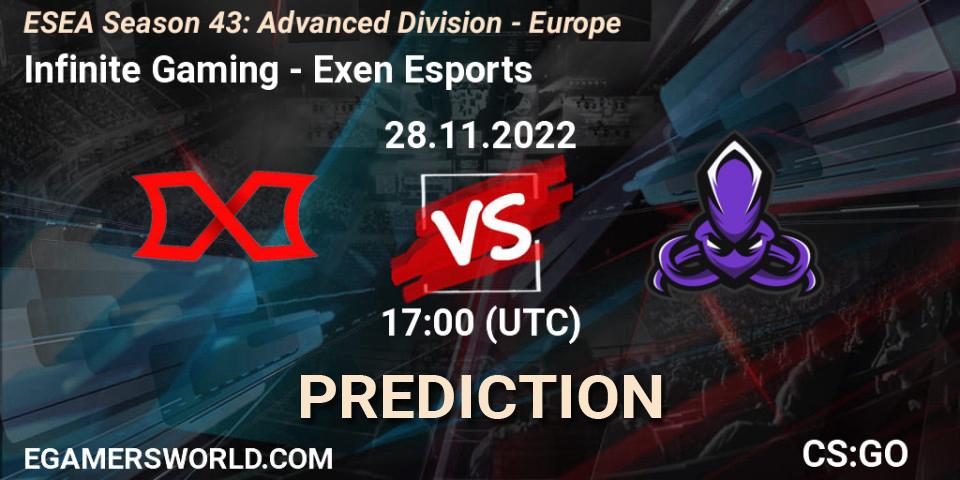 Infinite Gaming vs Exen Esports: Match Prediction. 28.11.22, CS2 (CS:GO), ESEA Season 43: Advanced Division - Europe