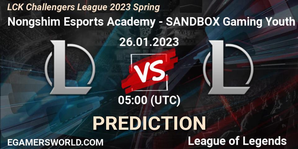 Nongshim Esports Academy vs SANDBOX Gaming Youth: Match Prediction. 26.01.2023 at 05:00, LoL, LCK Challengers League 2023 Spring