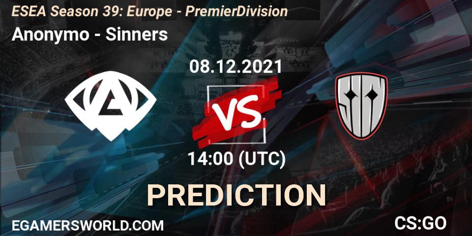 Anonymo vs Sinners: Match Prediction. 08.12.2021 at 14:00, Counter-Strike (CS2), ESEA Season 39: Europe - Premier Division