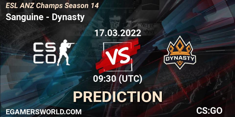 Sanguine vs Dynasty: Match Prediction. 17.03.2022 at 10:50, Counter-Strike (CS2), ESL ANZ Champs Season 14