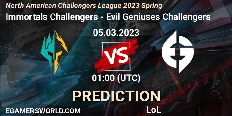 Immortals Challengers vs Evil Geniuses Challengers: Match Prediction. 05.03.2023 at 01:00, LoL, NACL 2023 Spring - Group Stage