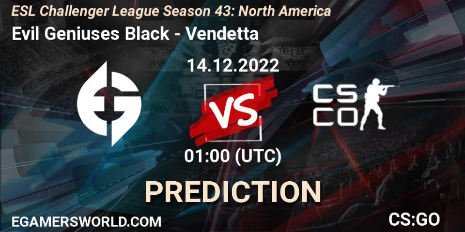 Evil Geniuses Black vs Vendetta: Match Prediction. 14.12.2022 at 02:30, Counter-Strike (CS2), ESL Challenger League Season 43: North America