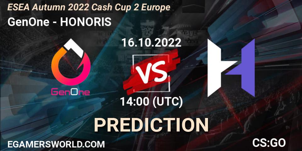 GenOne vs HONORIS: Match Prediction. 16.10.2022 at 14:00, Counter-Strike (CS2), ESEA Autumn 2022 Cash Cup 2 Europe