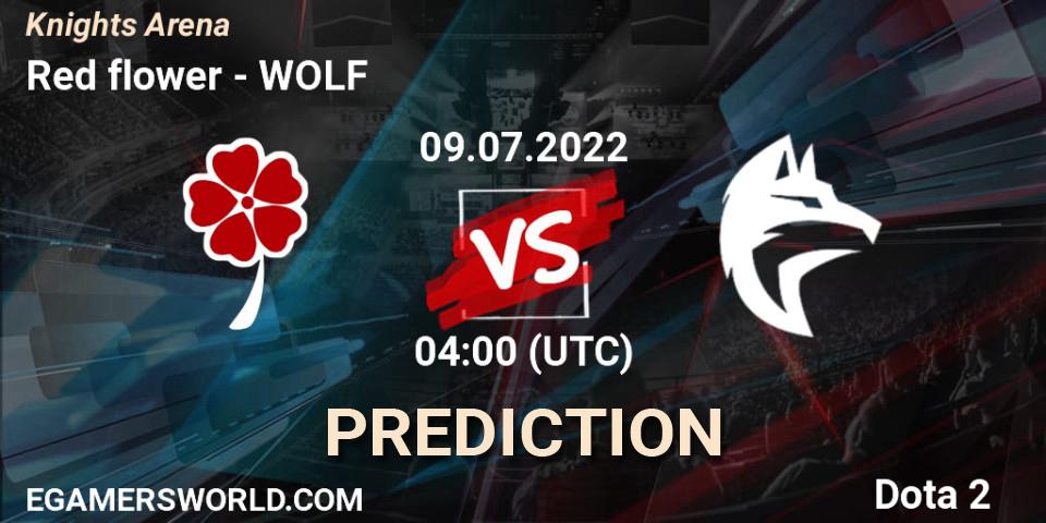 Red flower vs WOLF: Match Prediction. 09.07.2022 at 04:38, Dota 2, Knights Arena