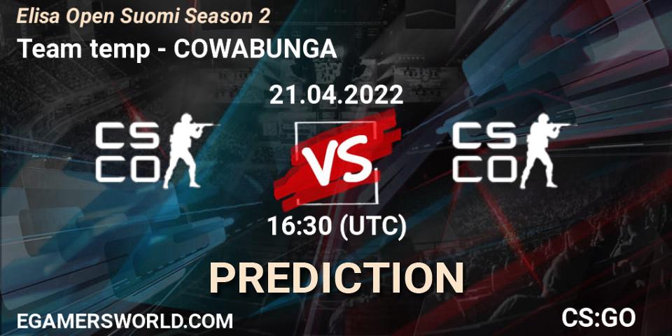 Team temp vs COWABUNGA: Match Prediction. 21.04.2022 at 16:30, Counter-Strike (CS2), Elisa Open Suomi Season 2
