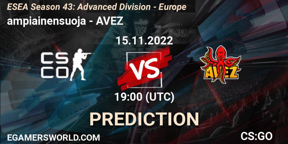 ampiainensuoja vs AVEZ: Match Prediction. 15.11.2022 at 19:00, Counter-Strike (CS2), ESEA Season 43: Advanced Division - Europe