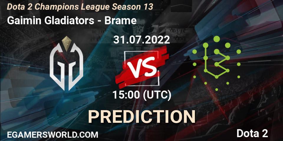 Gaimin Gladiators vs Brame: Match Prediction. 31.07.2022 at 15:08, Dota 2, Dota 2 Champions League Season 13