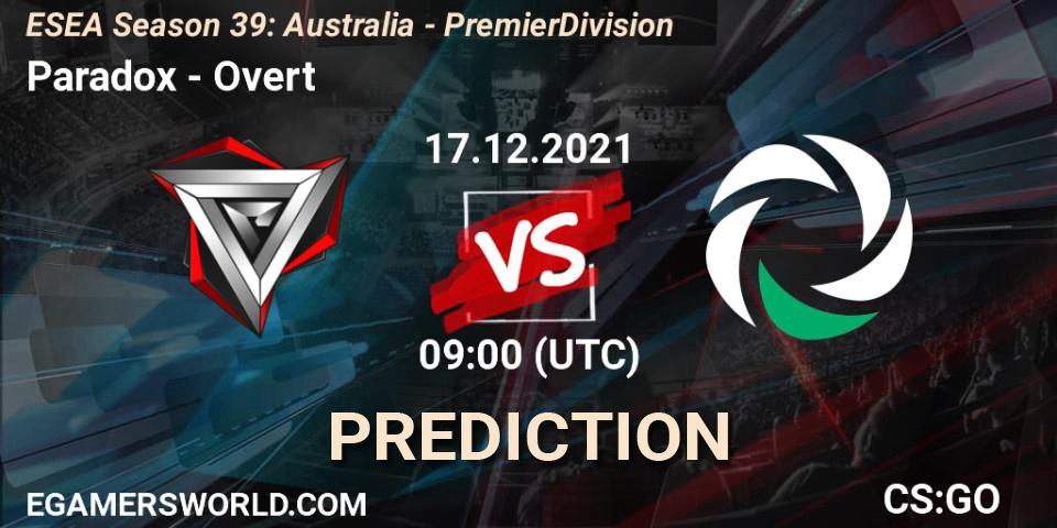Paradox vs Overt: Match Prediction. 17.12.2021 at 09:00, Counter-Strike (CS2), ESEA Season 39: Australia - Premier Division