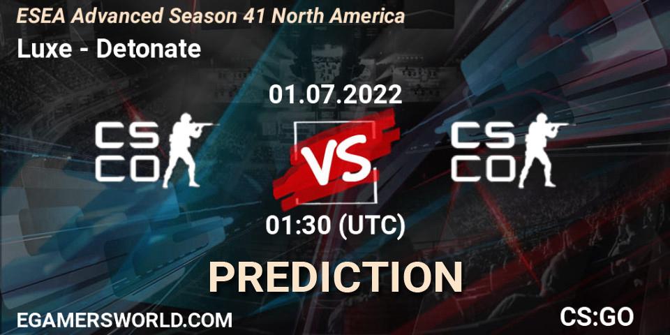 Luxe vs Detonate: Match Prediction. 01.07.2022 at 00:30, Counter-Strike (CS2), ESEA Advanced Season 41 North America