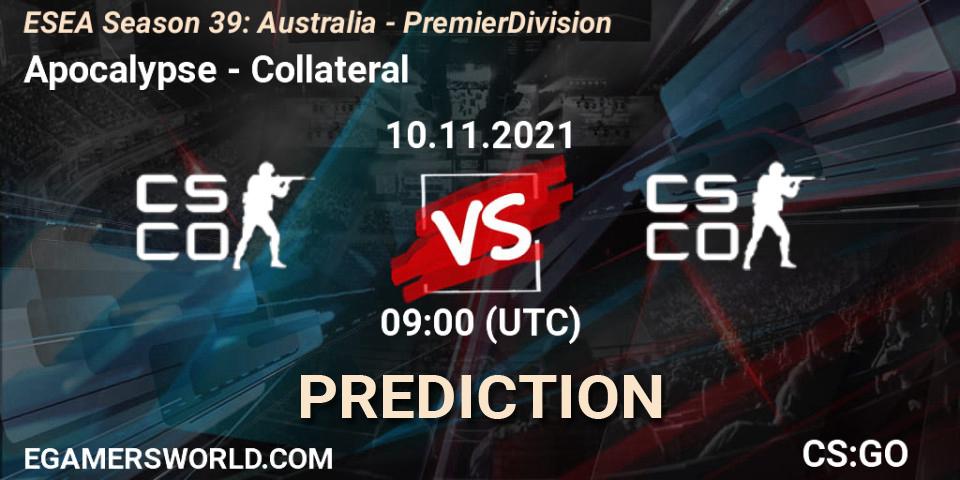 Apocalypse vs Collateral: Match Prediction. 10.11.2021 at 09:00, Counter-Strike (CS2), ESEA Season 39: Australia - Premier Division