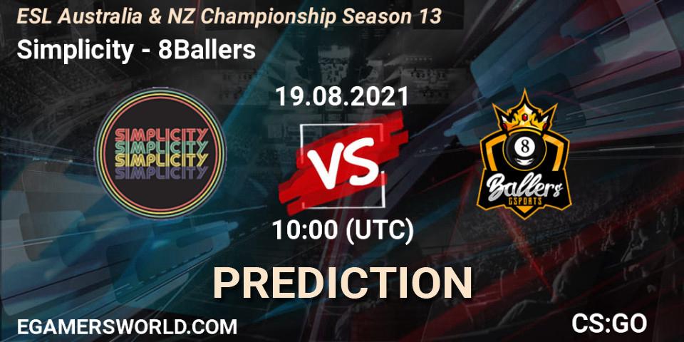 Simplicity vs 8Ballers: Match Prediction. 19.08.2021 at 10:40, Counter-Strike (CS2), ESL Australia & NZ Championship Season 13