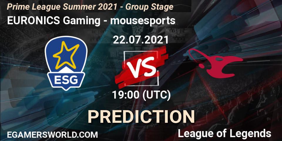 EURONICS Gaming vs mousesports: Match Prediction. 22.07.21, LoL, Prime League Summer 2021 - Group Stage