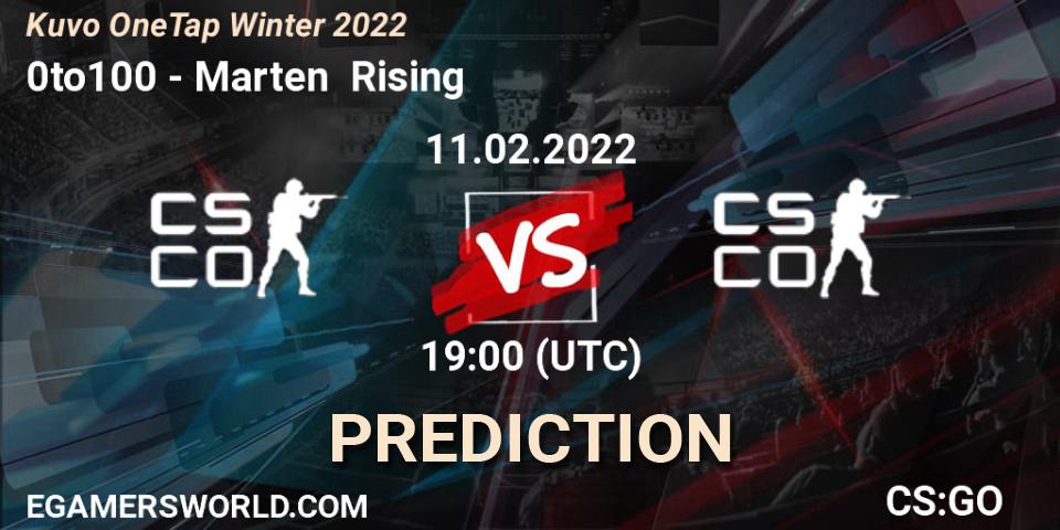 0to100 vs Marten Rising: Match Prediction. 11.02.2022 at 20:45, Counter-Strike (CS2), Kuvo OneTap Winter 2022