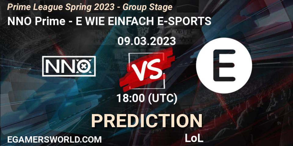 NNO Prime vs E WIE EINFACH E-SPORTS: Match Prediction. 09.03.2023 at 18:00, LoL, Prime League Spring 2023 - Group Stage