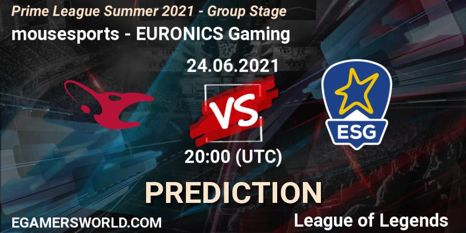 mousesports vs EURONICS Gaming: Match Prediction. 24.06.2021 at 16:00, LoL, Prime League Summer 2021 - Group Stage