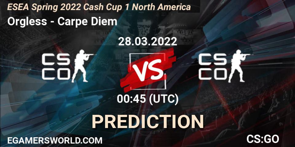 Orgless vs Carpe Diem: Match Prediction. 28.03.2022 at 01:10, Counter-Strike (CS2), ESEA Spring 2022 Cash Cup 1 North America