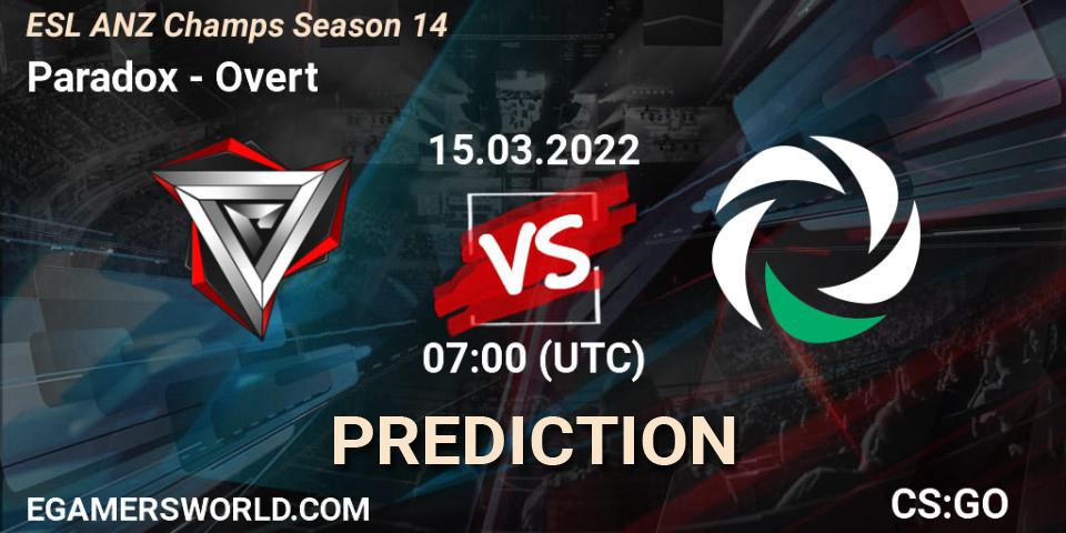 Paradox vs Overt: Match Prediction. 15.03.2022 at 07:00, Counter-Strike (CS2), ESL ANZ Champs Season 14