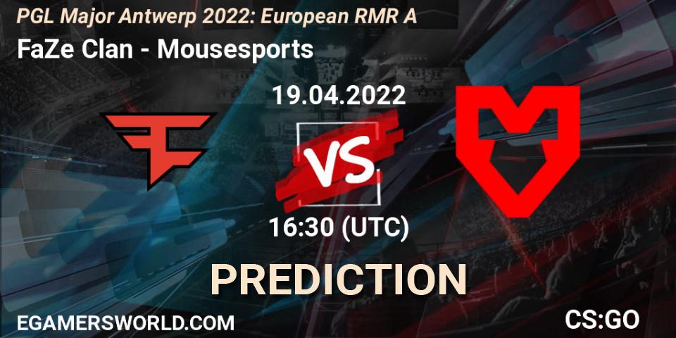 FaZe Clan vs Mousesports: Match Prediction. 19.04.2022 at 15:05, Counter-Strike (CS2), PGL Major Antwerp 2022: European RMR A
