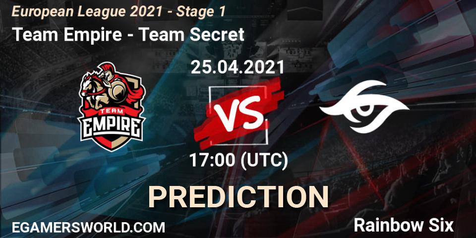 Team Empire vs Team Secret: Match Prediction. 25.04.2021 at 15:15, Rainbow Six, European League 2021 - Stage 1