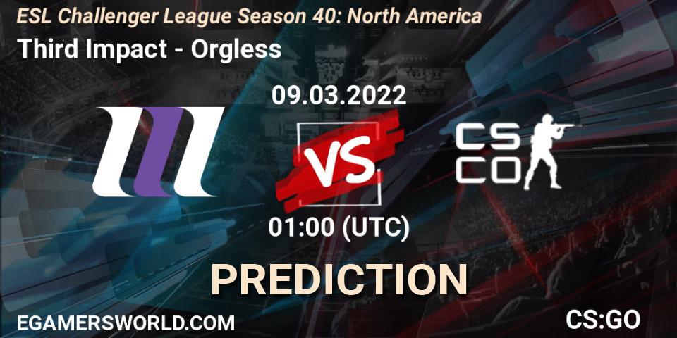 Third Impact vs Orgless: Match Prediction. 22.03.2022 at 00:00, Counter-Strike (CS2), ESL Challenger League Season 40: North America