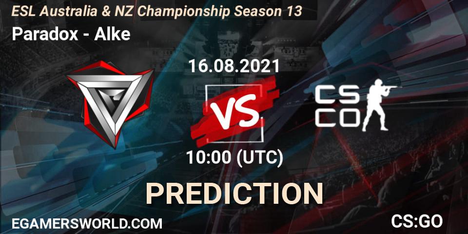 Paradox vs Alke: Match Prediction. 16.08.2021 at 10:05, Counter-Strike (CS2), ESL Australia & NZ Championship Season 13