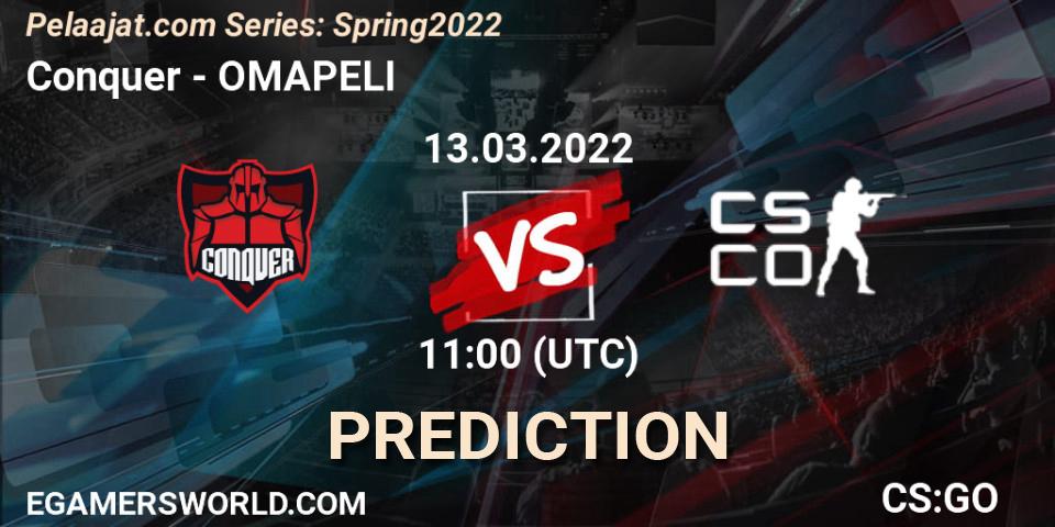 Conquer vs OMAPELI: Match Prediction. 13.03.2022 at 11:00, Counter-Strike (CS2), Pelaajat.com Series: Spring 2022