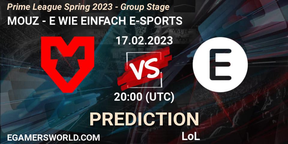 MOUZ vs E WIE EINFACH E-SPORTS: Match Prediction. 17.02.2023 at 21:00, LoL, Prime League Spring 2023 - Group Stage