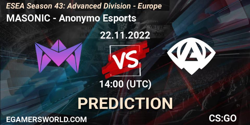 MASONIC vs Anonymo Esports: Match Prediction. 22.11.2022 at 14:00, Counter-Strike (CS2), ESEA Season 43: Advanced Division - Europe