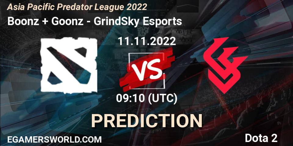 Boonz + Goonz vs GrindSky Esports: Match Prediction. 11.11.2022 at 09:10, Dota 2, Asia Pacific Predator League 2022