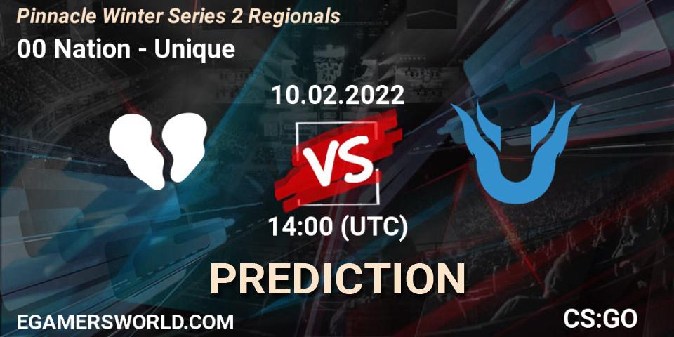 00 Nation vs Unique: Match Prediction. 10.02.2022 at 14:00, Counter-Strike (CS2), Pinnacle Winter Series 2 Regionals